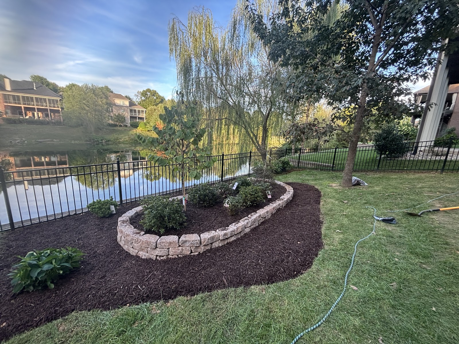 A curved stacked-limestone bed wall beside a pond, filled with fresh dark mulch and newly planted shrubs and a young tree.